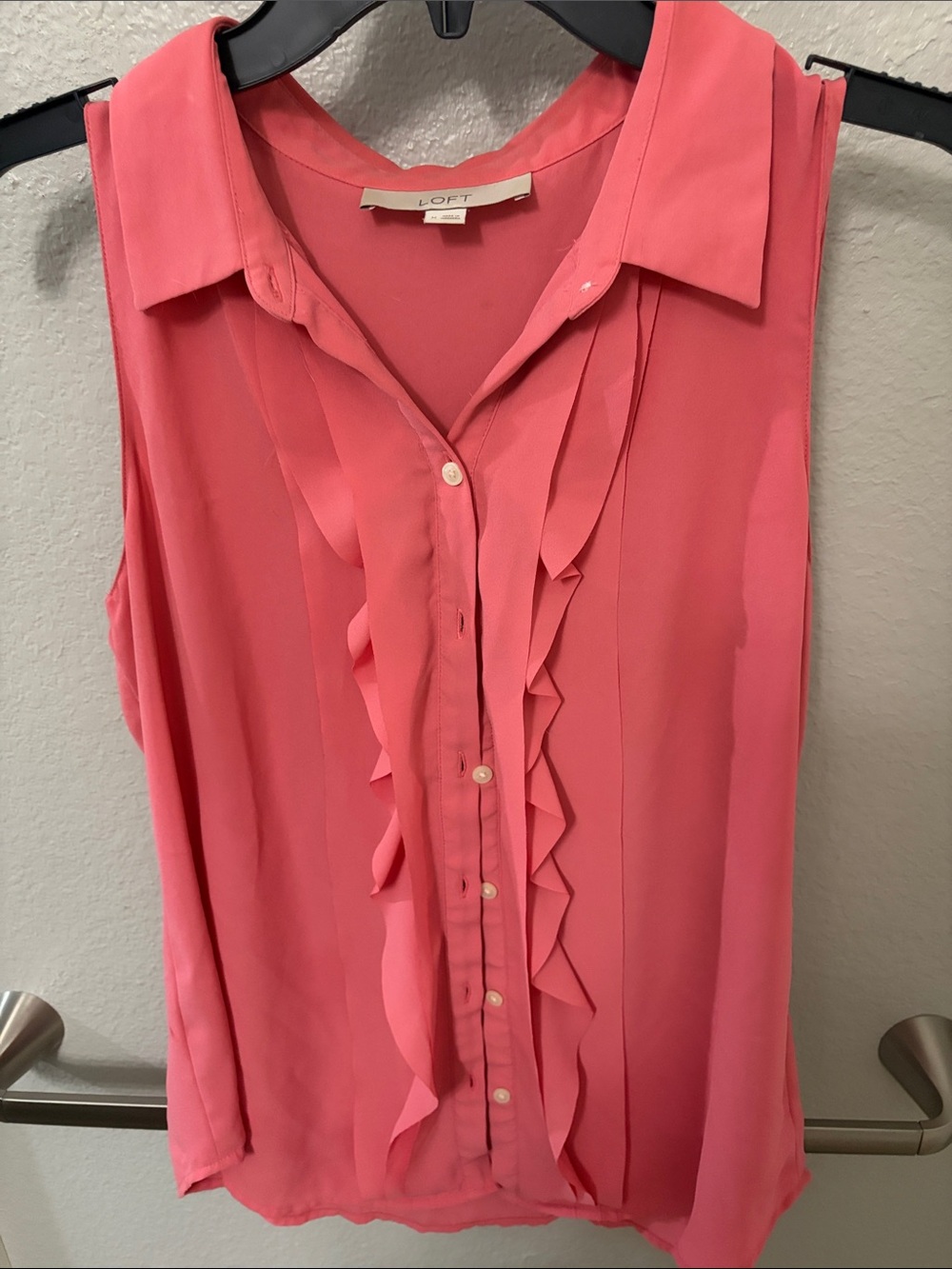 LOFT Coral Pink Sleeveless Ruffle Button-Front Blouse